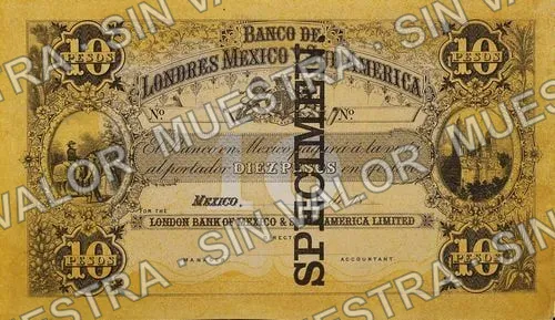 10 pesos, Banco de Londres, México y Sud América $10 (M236), M236 Banco de Londres, México y Sud América $10 specimen, anverso
