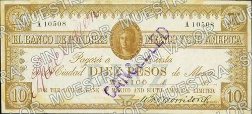 10 pesos, Banco de Londres, México y Sud América (M244), M244 $10 Banco de Londres, México y Sud América, anverso