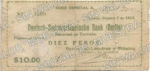 10 pesos, Banco de Londres y México printed number, handwritten number (M1021), anverso