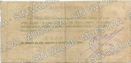 10 pesos, Banco de Londres y México printed number, handwritten number (M1021), reverso