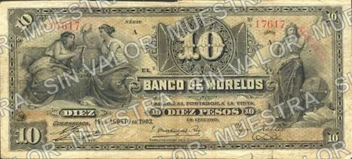 10 pesos, Banco de Morelos (M418), anverso (M418c $10 stamped 'ACAPULCO' (faint, top righthand side))