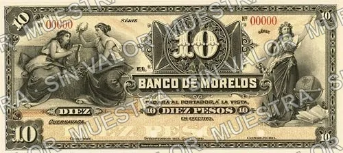 10 pesos, Banco de Morelos (M418), anverso (M418s $10 Banco de Morelos specimen)