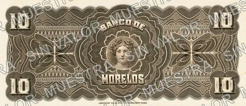 10 pesos, Banco de Morelos (M418), reverso (M418s $10 Banco de Morelos specimen)