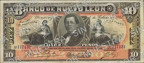 10 pesos, Banco de Nuevo León (M435), anverso (M435c $10 Banco de Nuevo León)