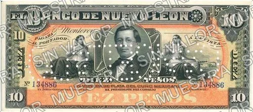 10 pesos, Banco de Nuevo León (M435), anverso (M435r $10 needle-punched 'CANCELADO')