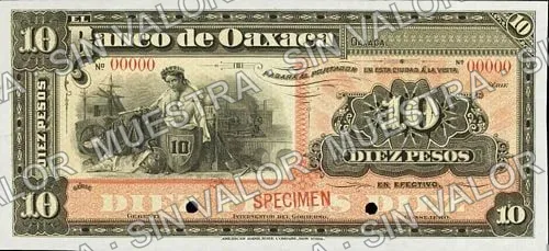 10 pesos, Banco de Oaxaca (M448), anverso (M448s $10 Banco de Oaxaca specimen)