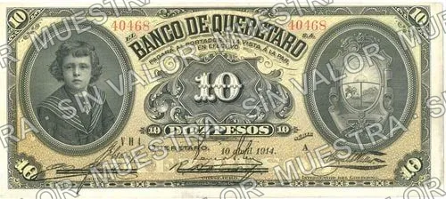 10 pesos, Banco de Querétaro (M474), anverso (M474b $10 Banco de Querétaro)