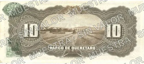 10 pesos, Banco de Querétaro (M474), reverso (M474b $10 Banco de Querétaro)