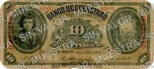 10 pesos, Banco de Querétaro (M474), anverso (M474c $10 overprinted 'IRAPUATO')