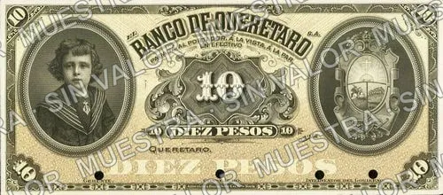 10 pesos, Banco de Querétaro (M474), anverso (M474s $10 Banco de Querétaro specimen)