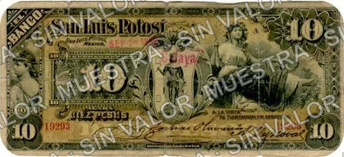 10 pesos, Banco de San Luis Potosí (M485), anverso (M485d $10 overprinted 'Celaya')