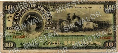 10 pesos, Banco de Sonora (M508), anverso (M508c $10 Banco de Sonora)