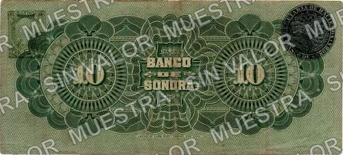 10 pesos, Banco de Sonora (M508), reverso (M508c $10 Banco de Sonora)
