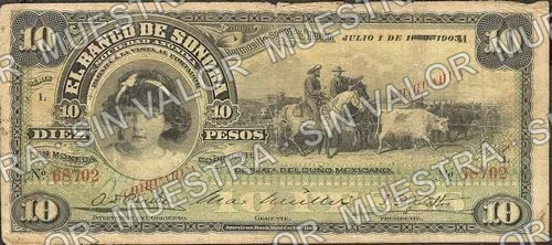 10 pesos, Banco de Sonora (M508), anverso (M508d $10 overprinted 'CHIHUAHUA')