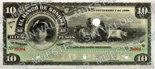 10 pesos, Banco de Sonora (M508), anverso (M508s1 $10 Banco de Sonora specimen)