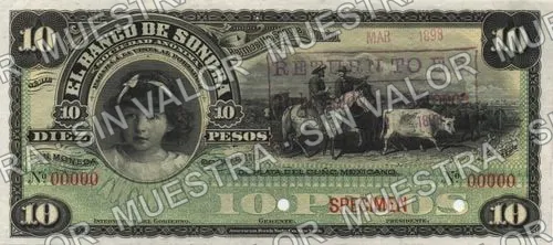 10 pesos, Banco de Sonora (M508), anverso (M508s1 $10 Banco de Sonora specimen)
