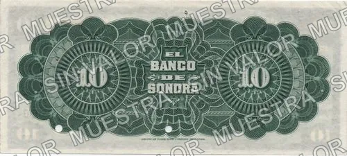10 pesos, Banco de Sonora (M508), reverso (M508s1 $10 Banco de Sonora specimen)
