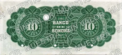 10 pesos, Banco de Sonora (M508), reverso (M508s1 $10 Banco de Sonora specimen)