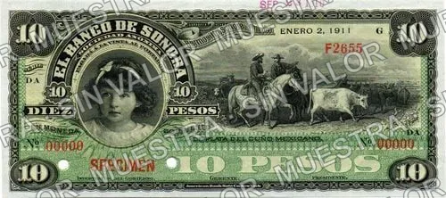 10 pesos, Banco de Sonora (M508), anverso (M508s2 $10 Banco de Sonora specimen)