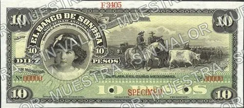 10 pesos, Banco de Sonora (M508), anverso (M508s2 $10 Banco de Sonora specimen)