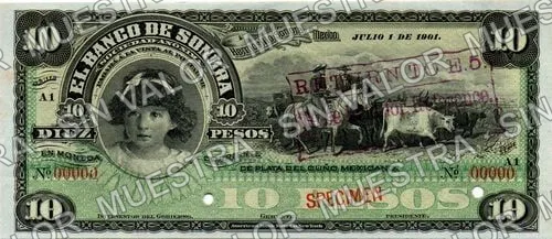 10 pesos, Banco de Sonora (M508), anverso (M508s2 $10 Banco de Sonora specimen)