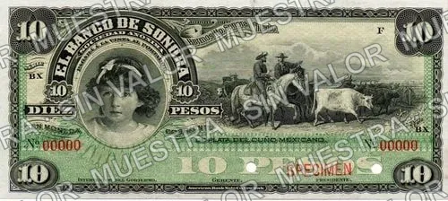 10 pesos, Banco de Sonora (M508), anverso (M508s2 $10 Banco de Sonora specimen)