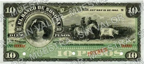 10 pesos, Banco de Sonora (M508), anverso (M508s2 $10 Banco de Sonora specimen)
