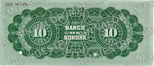 10 pesos, Banco de Sonora (M508), reverso (M508s2 $10 Banco de Sonora specimen)