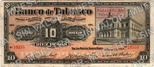 10 pesos, Banco de Tabasco (M514), anverso (M514c $10 overprinted 'PAGADERO EN PICHUCALCO')
