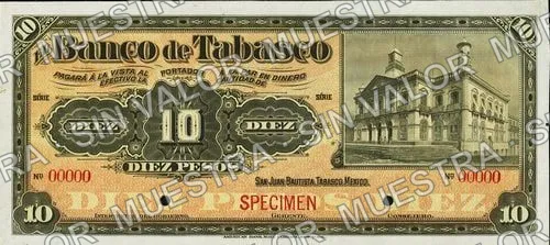 10 pesos, Banco de Tabasco (M514), anverso (M514s $10 Banco de Tabasco specimen)