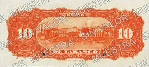 10 pesos, Banco de Tabasco (M514), reverso (M514s $10 Banco de Tabasco specimen)