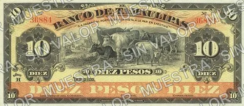 10 pesos, Banco de Tamaulipas (M521), anverso (M521r $10 unsigned remainder)