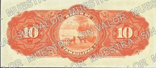 10 pesos, Banco de Tamaulipas (M521), reverso (M521r $10 unsigned remainder)