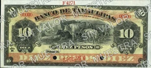 10 pesos, Banco de Tamaulipas (M521), M521s $10 Banco de Tamaulipas specimen, anverso