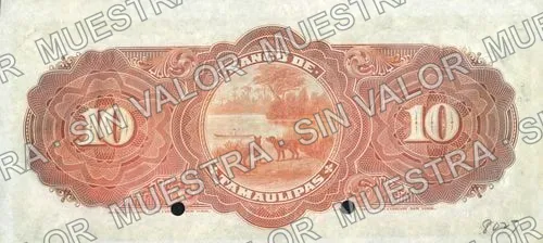 10 pesos, Banco de Tamaulipas (M521), M521s $10 Banco de Tamaulipas specimen, reverso