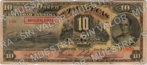 10 pesos, Banco de Zacatecas (M576), M576d $10 Banco de Zacatecas overprinted 'AGUASCALIENTES', anverso
