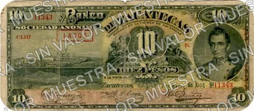 10 pesos, Banco de Zacatecas (M576), M576e $10 Banco de Zacatecas overprinted 'LAGOS', anverso