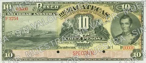 10 pesos, Banco de Zacatecas (M576), anverso (M576s $10 Banco de Zacatecas specimen)