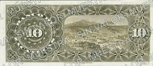 10 pesos, Banco de Zacatecas (M576), reverso (M576s $10 Banco de Zacatecas specimen)