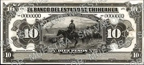 10 pesos, Banco del Estado de Chihuahua (M96), anverso (M96p2 $10 Banco del Estado de Chihuahua bromide proof)