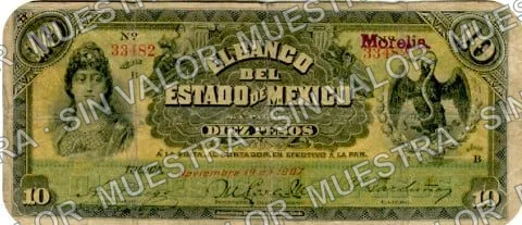 10 pesos, Banco del Estado de México (M397), anverso (M397d $10, two examples stamped 'Morelia')