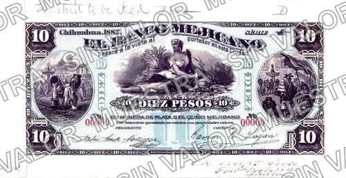 10 pesos, Banco Mejicano (M115), anverso (M115p $10 Banco Mejicano proof)