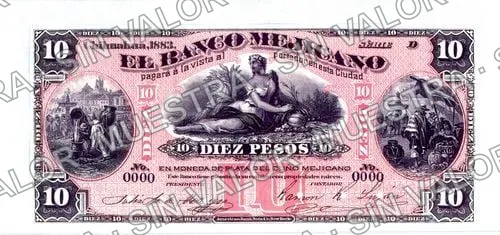 10 pesos, Banco Mejicano (M115), anverso (M115p $10 Banco Mejicano proof)