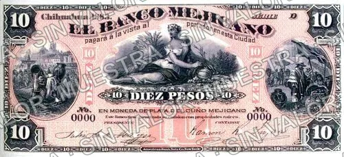 10 pesos, Banco Mejicano (M115), anverso (M115s $10 Banco Mejicano specimen)