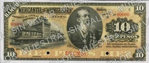 10 pesos, Banco Mercantil de Monterrey (M425), anverso (M425s1 $10 Banco Mercantil de Monterrey specimen)