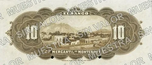 10 pesos, Banco Mercantil de Monterrey (M425), reverso (M425s2 $10 Banco Mercantil de Monterrey specimen)
