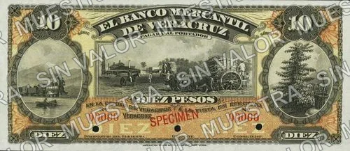 10 pesos, Banco Mercantil de Veracruz (M529), anverso (M529s $10 Banco Mercantil de Veracruz specimen)