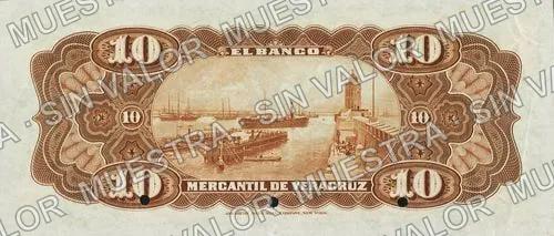 10 pesos, Banco Mercantil de Veracruz (M529), reverso (M529s $10 Banco Mercantil de Veracruz specimen)