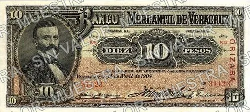 10 pesos, Banco Mercantil de Veracruz (M530), anverso (M530d $10 overprinted 'ORIZABA')