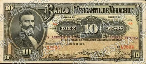 10 pesos, Banco Mercantil de Veracruz (M530), anverso (M530e $10 overprinted 'SAN ANDRES TUXTLA')